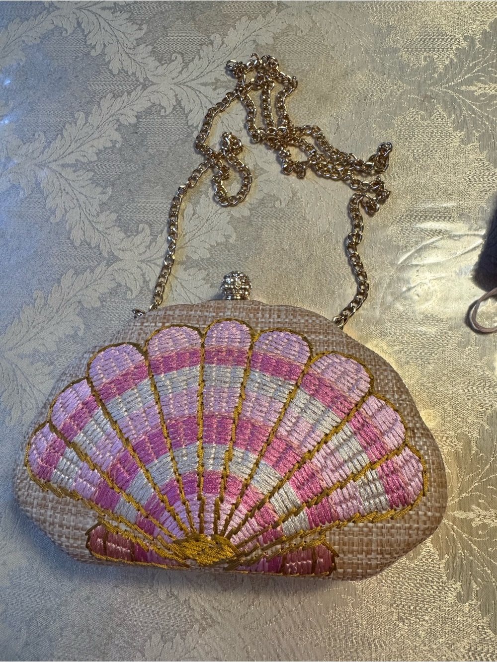 Isaac Mizrahi Pink Shell Embroidered Straw Clutch Crossbody Bag Gold